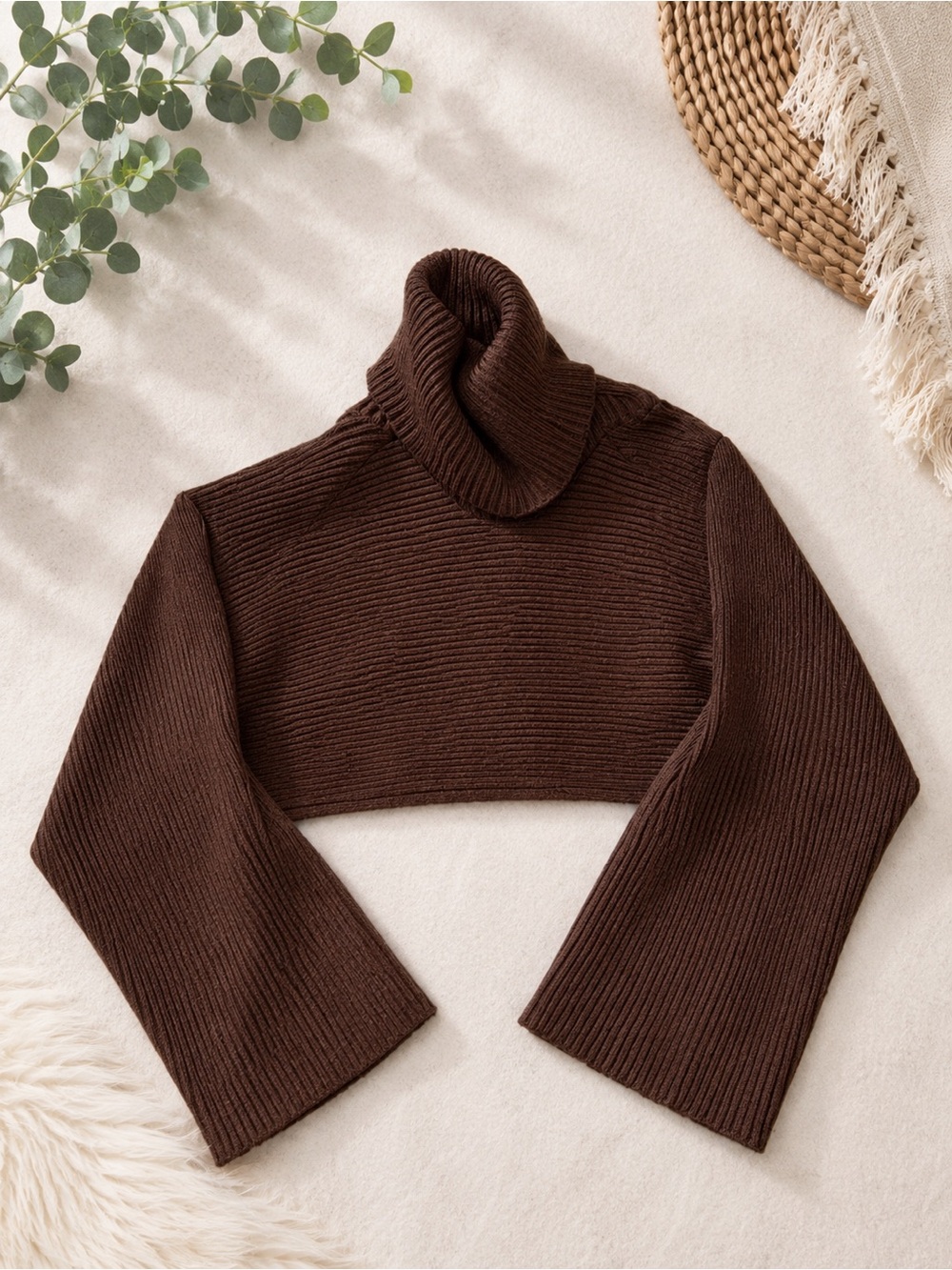 Fashion Nova Cropped Turtleneck Sweater in Chocolate Brown